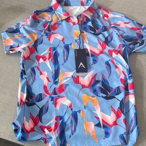 Antiqua Women’s Light Blue Floral Polo / golf shirt w/ Pink & Yellow Accents NWT